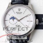 Perfect Replica Rolex Cellini White Moonphase Guilloche Dial Stainless Steel Case 39mm Watch